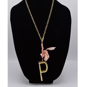 John Wind Initial P Pendant Necklace Capital Letter Brushed Gold Long Chain BinN